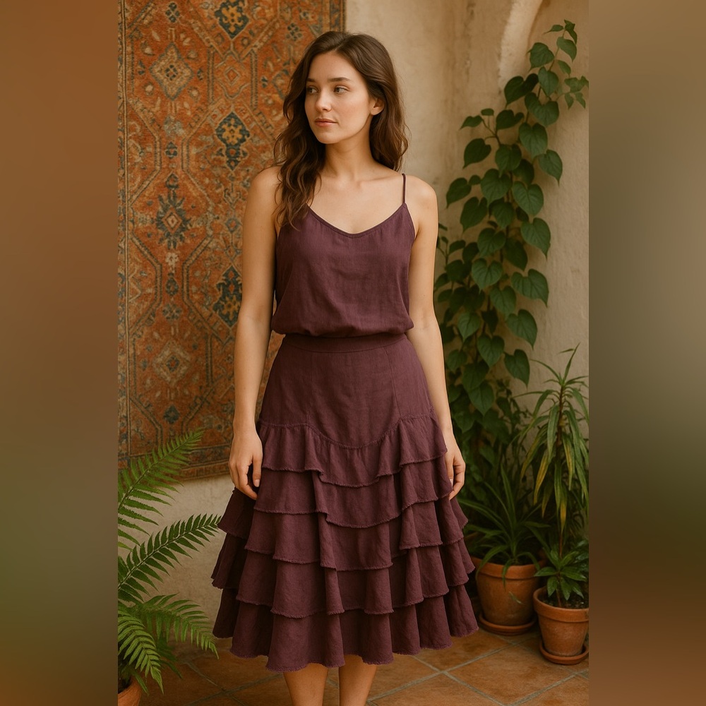 Principles UK Purple 100% Linen Drop Waist Flare Ruffle Maxi Skirt Sz US 10 M